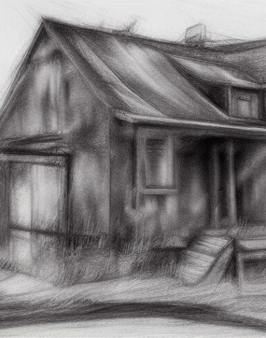 The black and white charcoal drawing of house