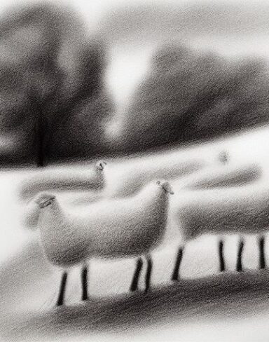 The black and white drawing of sheep and trees