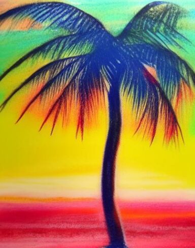 The color painting of a palm tree on a beach