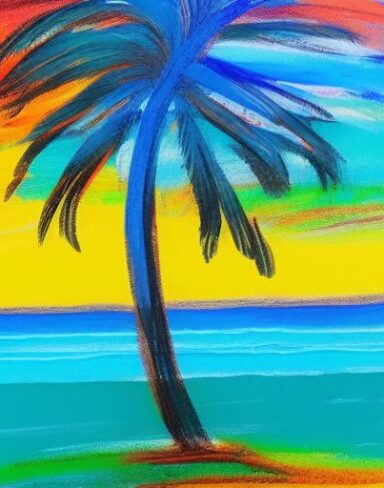 The color painting of a palm tree on a beach