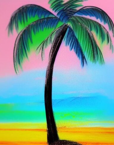 The color painting of a palm tree on a beach