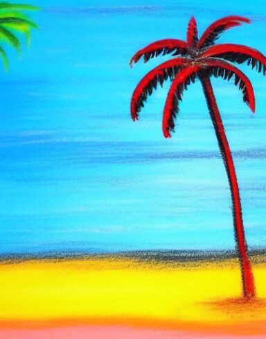 The color painting of a palm tree on a beach