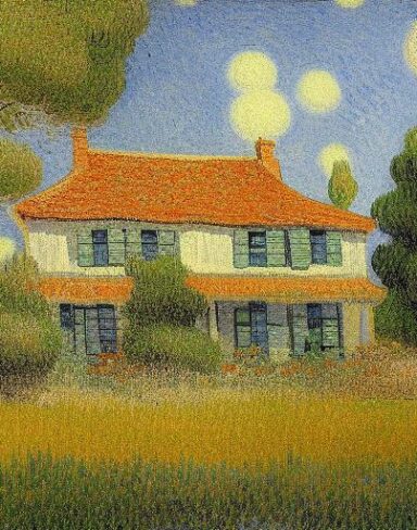 The impressionism painting of the house with a garden