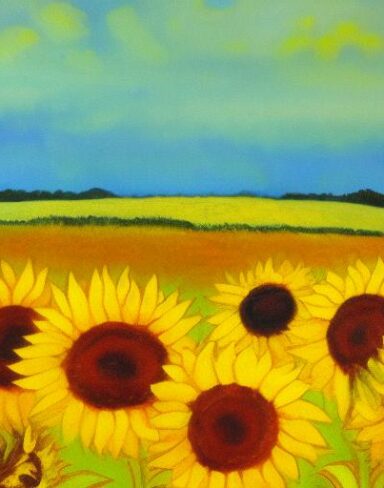 The oil painting of sunflowers in the field