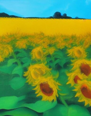 The oil painting of sunflowers in the field