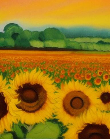 The oil painting of sunflowers in the field