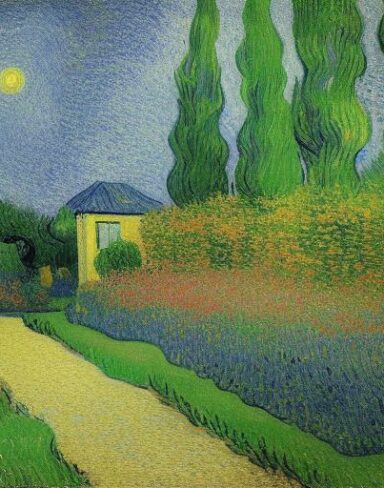 The painting of a house in a garden