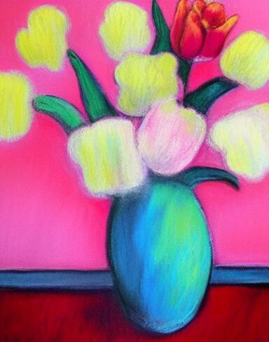 The painting of several pink flowers in a vase