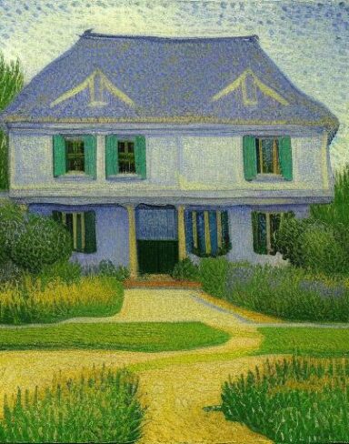 The painting of the house with a garden