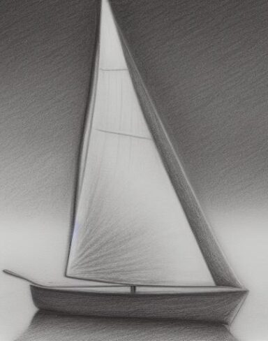 The pencil drawing of a sailboat in the water