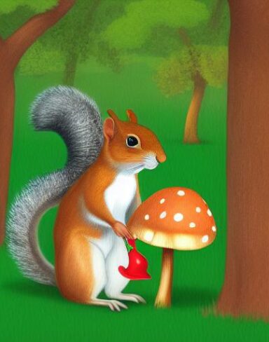 The squirrels near a mushroom