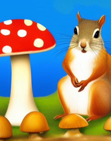The squirrels near a mushroom