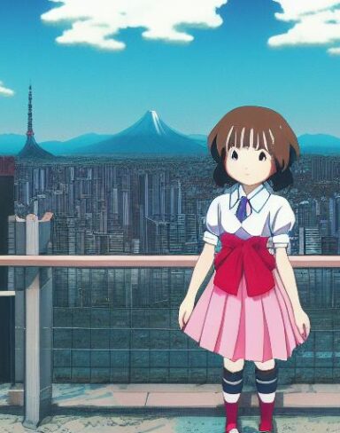 This enchanting anime portrait from Studio Ghibli portrays a school girl in front of the vibrant Tokyo cityscape in an analog photo style. The school girl stands on a rooftop