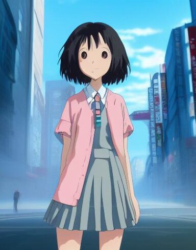 This mesmerizing anime portrait from Studio Ghibli showcases a school girl in front of the vibrant Tokyo cityscape in an unreal engine render. The school girl stands in the middle of a busy street