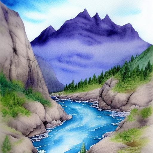 A fantasy detailed watercolor painting of a river with a mountain and rocks in the background
