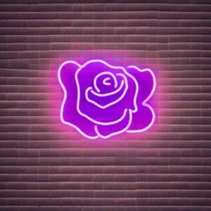 A purple flower neon sign on a brick wall A purple flower neon sign on a brick wall