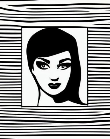 A black and white drawing of a woman’s face
