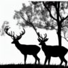 A black and white silhouette of a deer standing with trees A black and white silhouette of a deer standing with trees