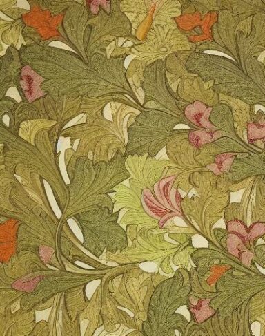 A close up of a wallpaper with flowers and leaves