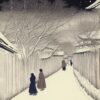 A couple of people walking down a snow covered street A couple of people walking down a snow covered street