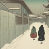 A couple of people walking down a snow covered street A couple of people walking down a snow covered street