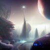 A futuristic city and a moon A futuristic city and a moon