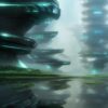 A futuristic city in the middle of sea with greenery A futuristic city in the middle of sea with greenery
