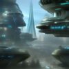 A futuristic city with trees A futuristic city with trees