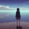 A girl standing in front of a body of water A girl standing in front of a body of water