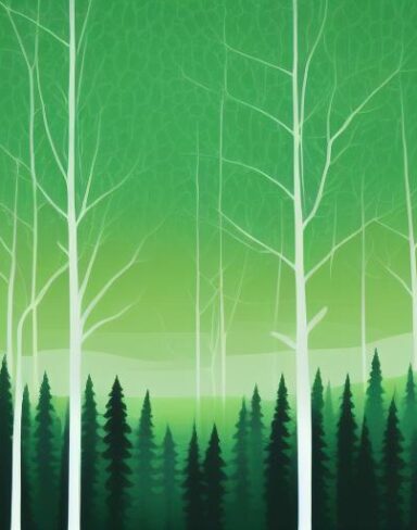 A green and black landscape with lots of trees