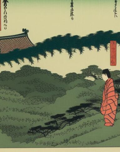A human standing on top of a lush green hillside