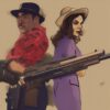 A man standing next to a woman holding a gun A man standing next to a woman holding a gun