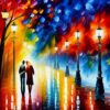 A painting of a city street and a pair of couple at night A painting of a city street and a pair of couple at night