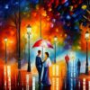 A painting of a city street and a pair of couple at night A painting of a city street and a pair of couple at night