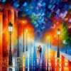 A painting of a city street and a pair of couple at night A painting of a city street and a pair of couple at night