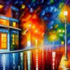 A painting of a city street with shops at night A painting of a city street with shops at night