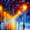 A painting of a city street with snow at night A painting of a city street with snow at night