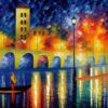 A painting of a city with human fishing near the river A painting of a city with human fishing near the river