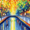 A painting of a city with human fishing near the river A painting of a city with human fishing near the river