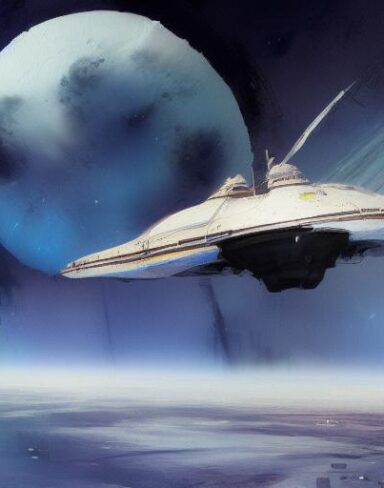 A painting of a huge space ship with a moon in the background