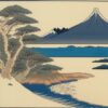 A painting of a mountain and a body of water A painting of a mountain and a body of water