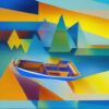 A painting of a river with a boat in the background A painting of a river with a boat in the background