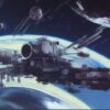 A painting of a space station in the background A painting of a space station in the background