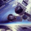 A painting of a space station in the background A painting of a space station in the background