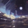 A painting of a space with stars and moon in the background A painting of a space with stars and moon in the background