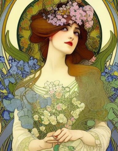 A painting of a woman with flowers in her long hair
