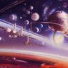 A painting of space station with stars and planets in the background A painting of space station with stars and planets in the background