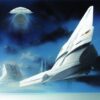 A painting of with a white space ship in the space in the background A painting of with a white space ship in the space in the background