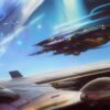 A painting of with space ships riding in the space in the background A painting of with space ships riding in the space in the background