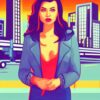 A woman standing in front of a neon sign A woman standing in front of a neon sign